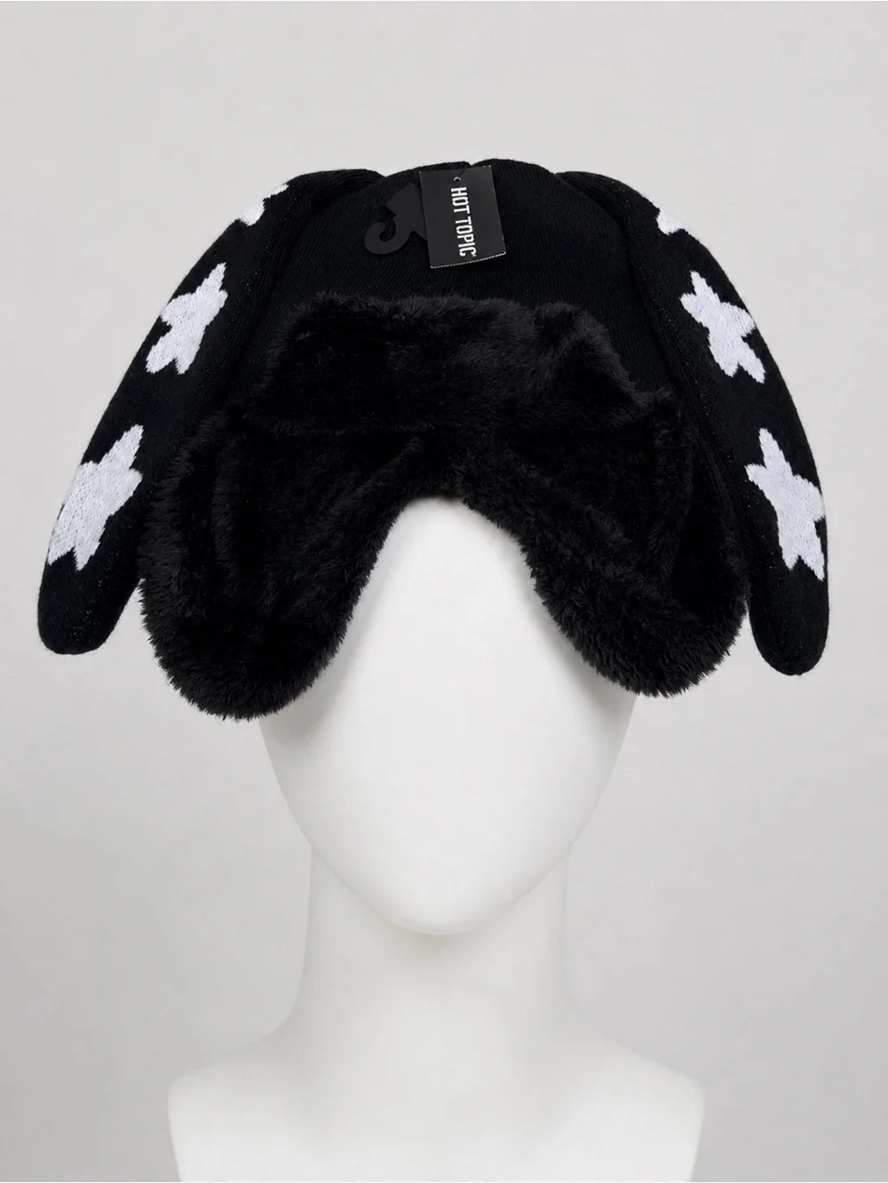 Hot Topic Bunny Star Ears Trapper Hat Black White Faux Fur NWT